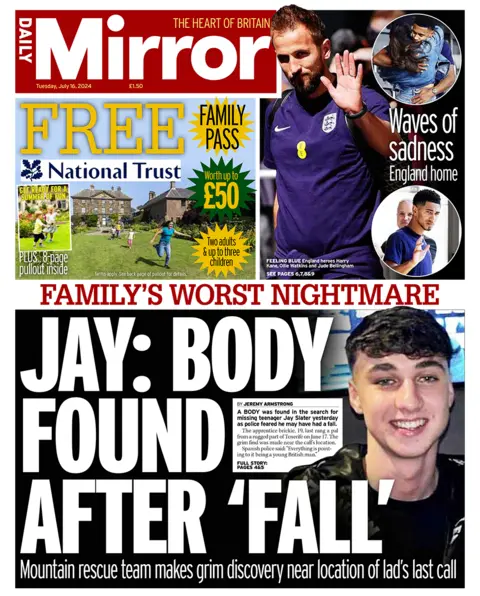 The headline in the Mirror reads: "Jay: body found after 'fall'". 