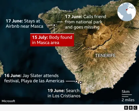 Map of Tenerife denotes where the body was found in the Masca area. It also shows how on 16 June he attended a festival in the south at Playa de las Americas and how a search took place at Los Cristianos nearby. 