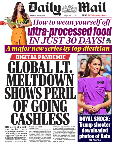 The headline in the Mail reads: "Global I.T. meltdown shows peril of going cashless". 