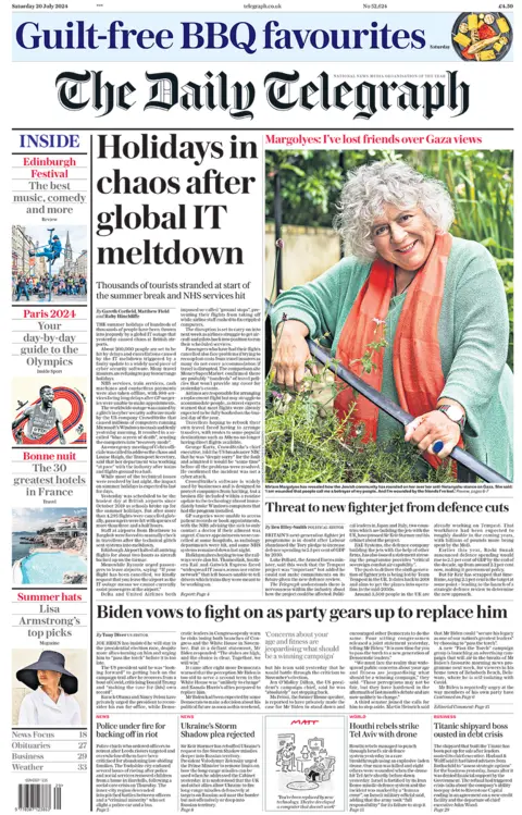 The headline in the Telegraph reads: "Holidays in chaos after global IT meltdown". 