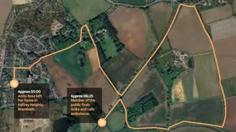 Suffolk Police A map detailing Ms Rose's walk in Brantham before the incident