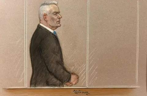  BBC / Julia Quenzler Court sketch of Huw Edwards in Westminster Magistrates' Court - 31 July 2024. The former BBC senior news presenter, pleaded guilty to three counts of making indecent images of children. He was arrested last November and charged last month. He will be sentenced on 16 September and a probation report will be compiled.