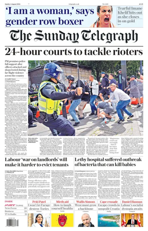 The headline on the front page of the Sunday Telegraph reads: "24-hour courts to tackle rioters"