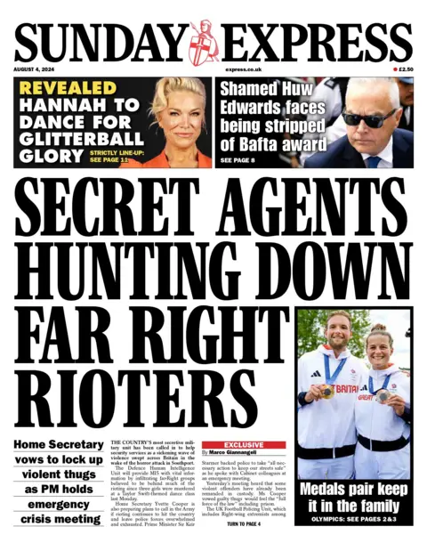 The headline on the front page of the Sunday Express reads: "Secret agents hunting down far right rioters"