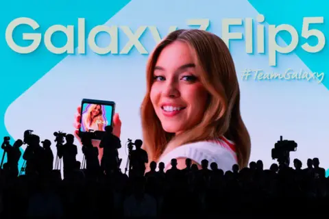 Getty Images A photograph of actress Sydney Sweeney projected on the stage during Samsung Electronics Co.'s Galaxy Unpacked event in Seoul, South Korea, on Wednesday, July 26, 2023.