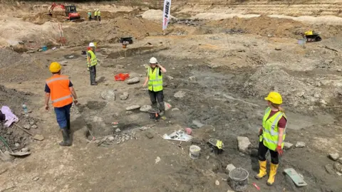 Four people wearing protective clothing standing on a quarry