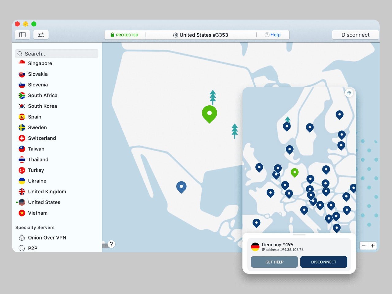 Screenshot of NordVPN app on MacOS.