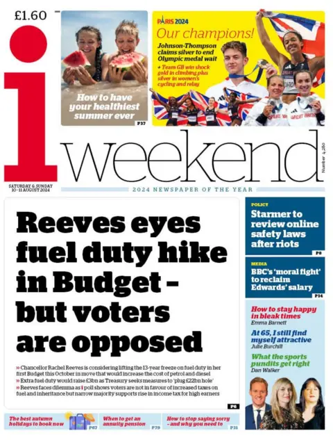 The headline in the i weekend reads: Reeves eyes fuel duty hike in Budget but voters are opposed