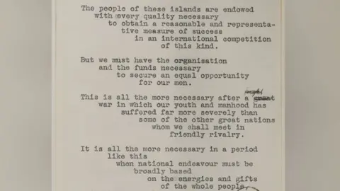 Curtis Brown, London A sepia-toned close up of a paper upon which a speech by Winston Churchill was typed, including handwritten correction in black