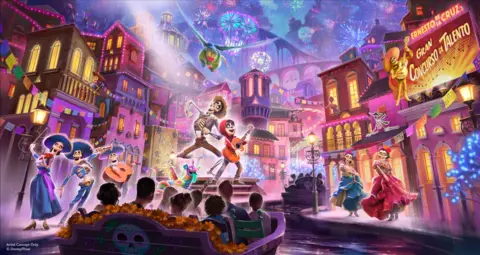 Disney Artist impression shows the Coco-themed ride - characters dance around a boat weaving its way through scenes