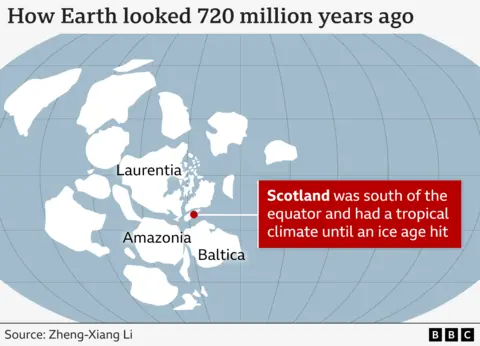 Graphic showing the location of scotland 720 million years ago