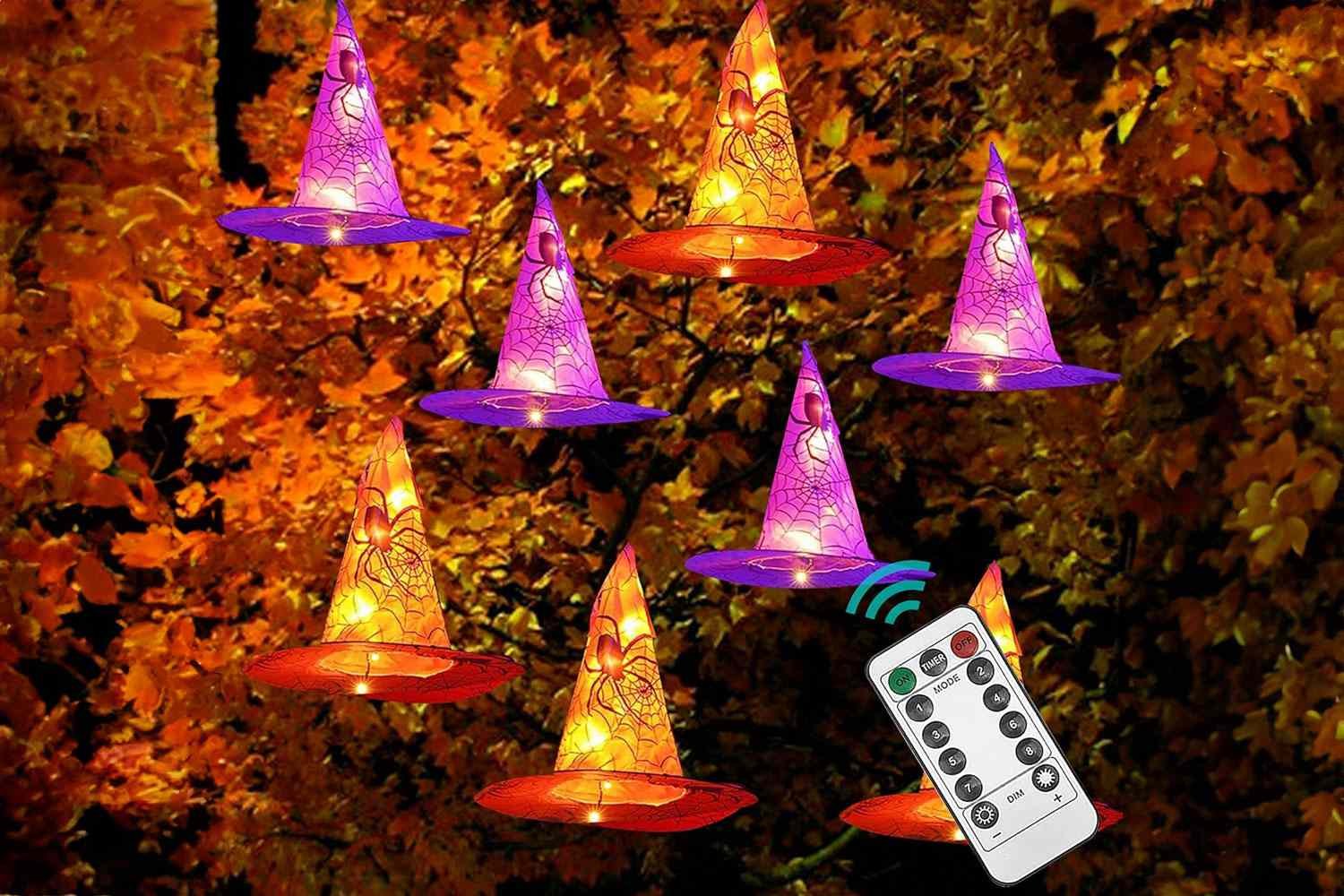 DAZZLE BRIGHT 8 Pcs Hanging Witch Hat String Lights, Light Up Waterproof Halloween Decorations with Remote Control for Outdoor Garden Party Carnival Supplies Decor