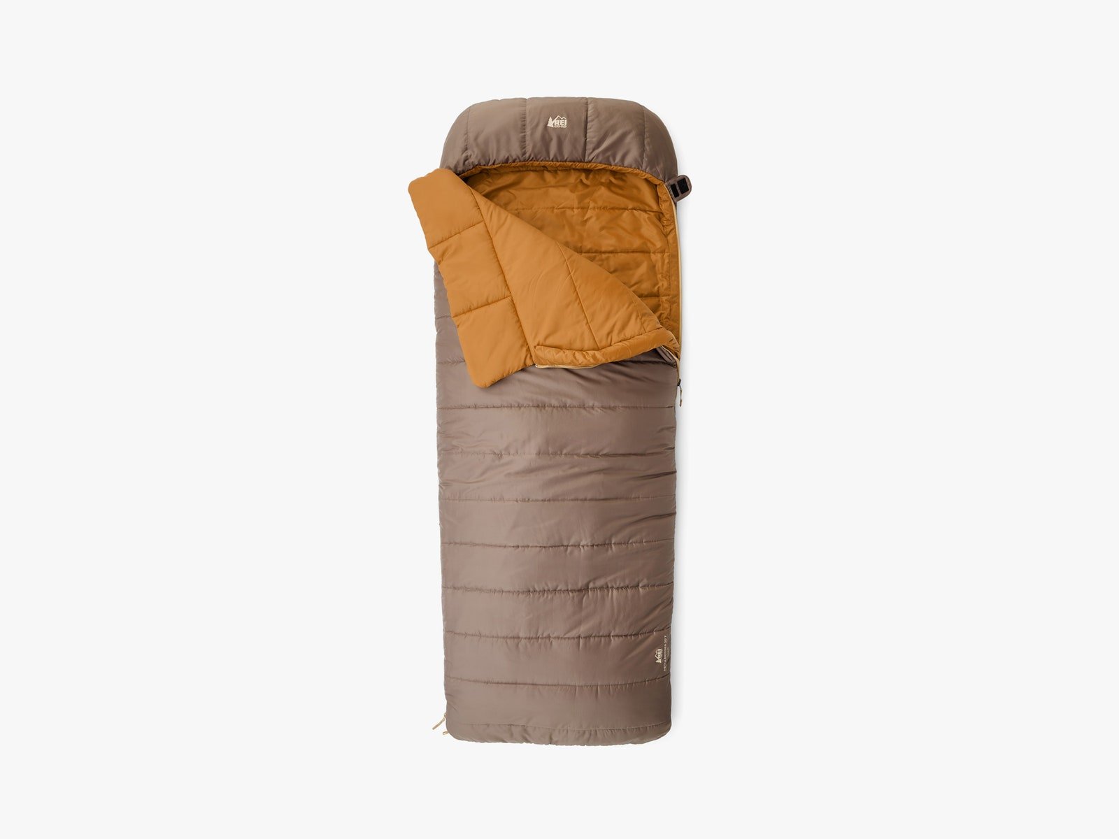 Tan sleeping bag partially zipped up with the flap open to show the yellow interior