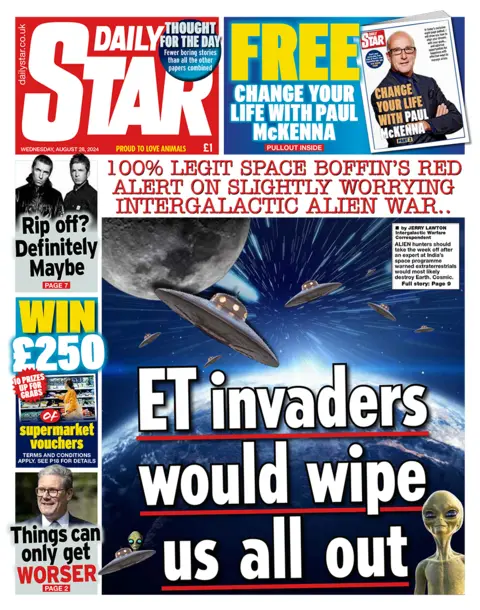 The main headline on the front page of Daily Star reads: "ET invaders would wipe us all out"