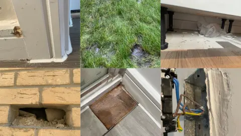 A composite showing six different issues - a chipped door frame, a puddle in garden, a lopsided unit, a missed brick, a floor corner with lino missing and exposed cables in wall.