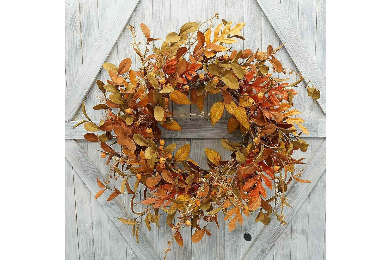 Amazon AMF0RESJ Artificial Fall Wreath for Front Door Autumn Wreath with Bright Oak Leaves,Small Pumpkin,Berry Branches,Mixed Leaves for Farmhouse Indoor Outdoor Window Wall Door Decor