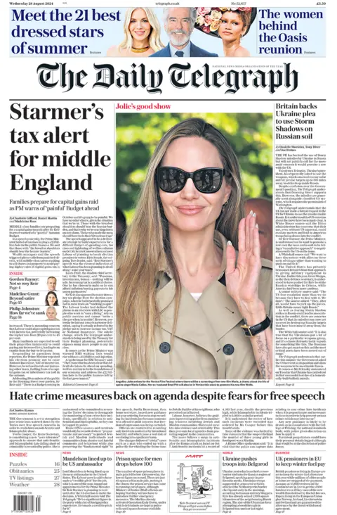 The main headline on the front page of the Daily Telegraph reads: “Starmer’s tax alert for middle England”