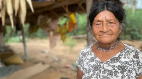 BBC  Tsimane woman with dark hair pinned up, wearing a white top with black flowers and a necklace