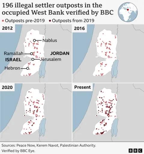 Four maps showing the locations of settler outposts in the occupied West Bank - verified by the BBC - in four snapshot years - 2012, 2016, 2020, 2024. 