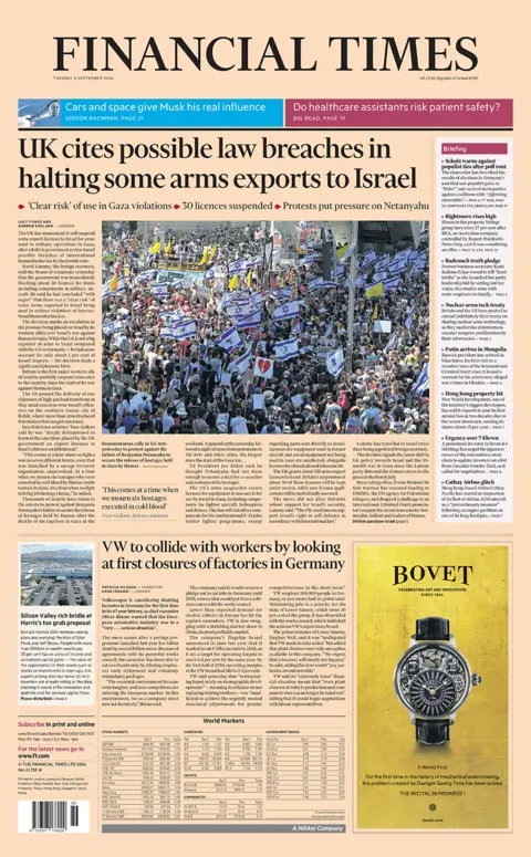 The headline in the Financial Times reads: "UK cites possible law breaches in halting some arms exports to Israel".