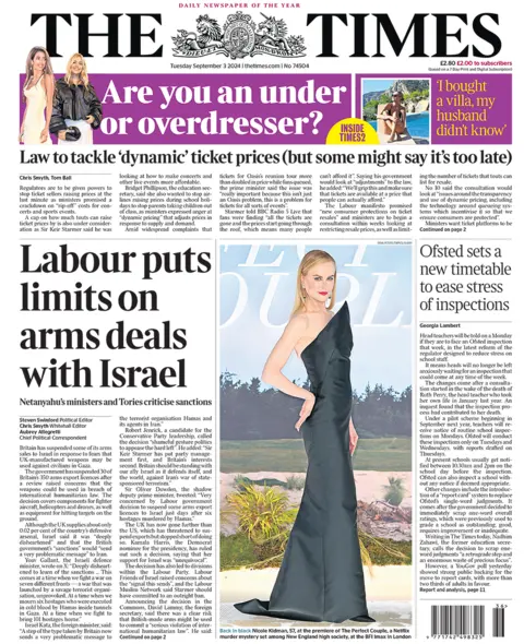 The headline in the Times reads: "Labour puts limits on arms deals with Israel". 