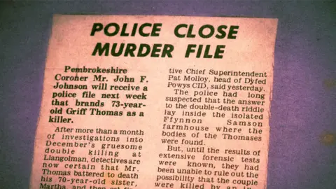 BBC News Old newspaper cutting of an article titled 'police close murder file', which reads: 'after more than a month of investigations into December's gruesome double killing at Llangolman, detectives are now certain that Mr Thomas battered to death his 70-year-old sister, Martha.'