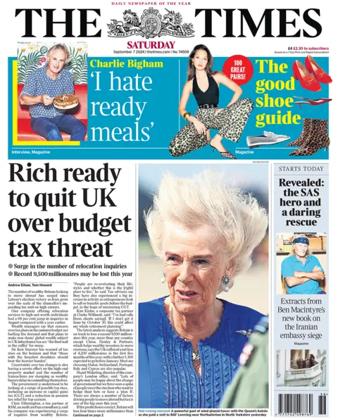 Times headlines reads: "Rich ready to quit UK over budget tax threat" 