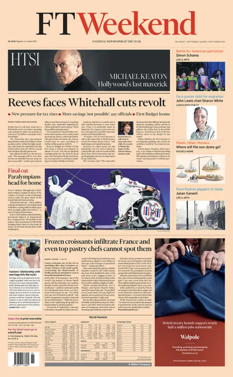 The FT Weekend headlines "Reeves faces Whitehall cuts revolt"