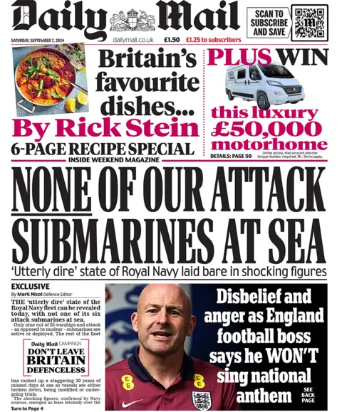 The Daily Mail headlines "none of our attack submarines at sea"