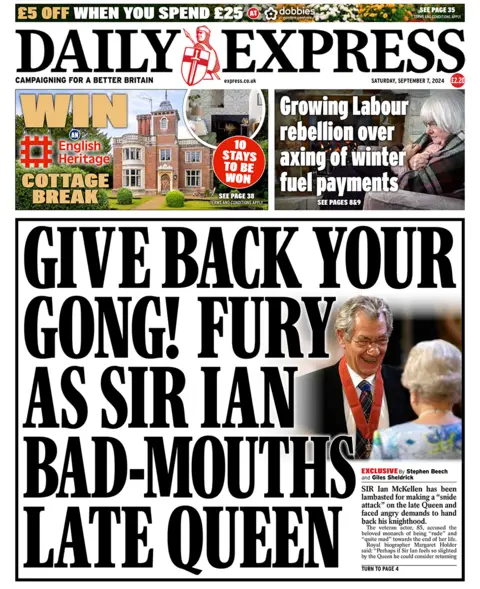 The Daily Express headlines reads "Give back your gong! Fury as Sir Ian bad-mouths late Queen"