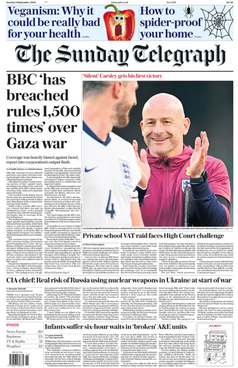 The Sunday Telegraph headlines the "BBC 'has breached rules 1,500 times' over Gaza war