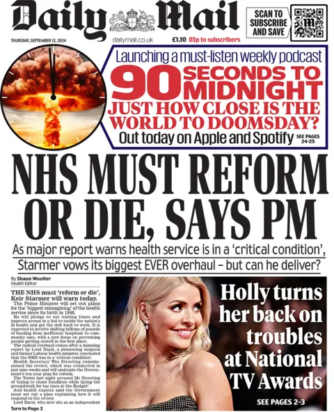 Daily Mail headline reads: NHS must reform or die, says PM