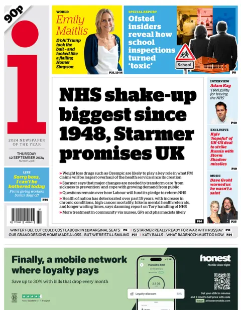 The i newspaper reads: NHS shake-up biggest since 1948, Starmer promises UK