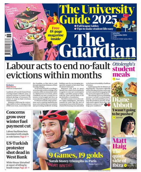 The Guardian headlines "Labour acts to end no-fault evictions with months"