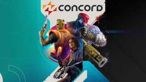 Firewalk Three characters - a green skinned male, a bald-headed cyborg with a blue and red skull, and a human female - hold guns underneath the "Concord" logo.